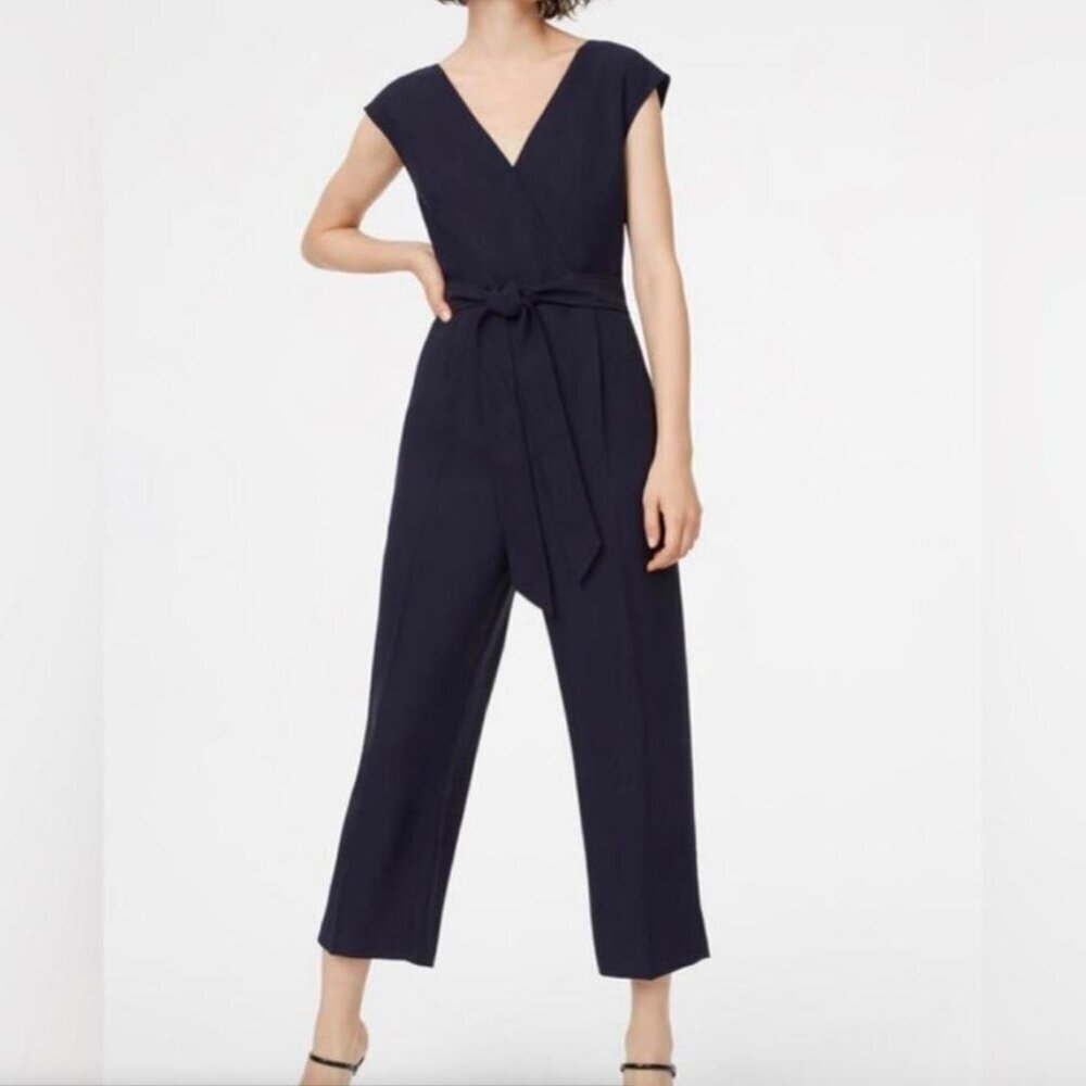 Club Monaco Navy Belted V Neck Pleated Cropped Wide Leg Lorenny Jumpsuit